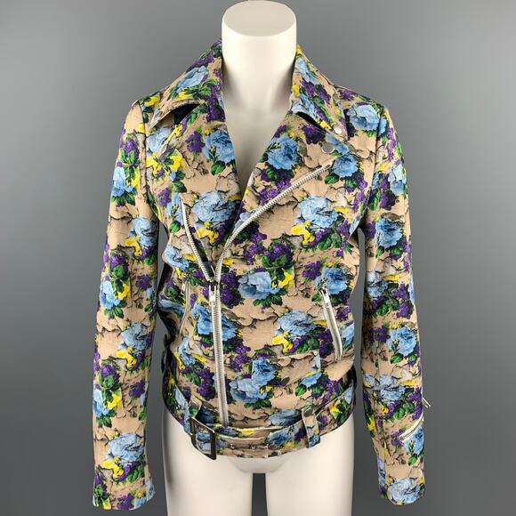 MSGM Size 4 Khaki & Purple Floral Cotton Biker Jacket - Picture 1 of 1